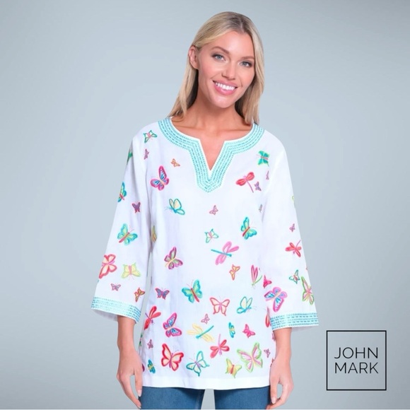 John Mark Tops - John Mark White Tunic with Multicolor Butterfly Embroidery and Aqua Trim
